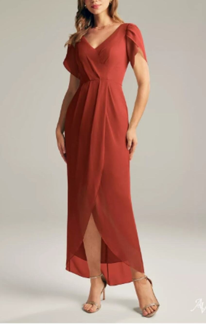 AW BRIDAL 12 L rust red chiffon Osage faux wrap bridesmaid dress NEW B52